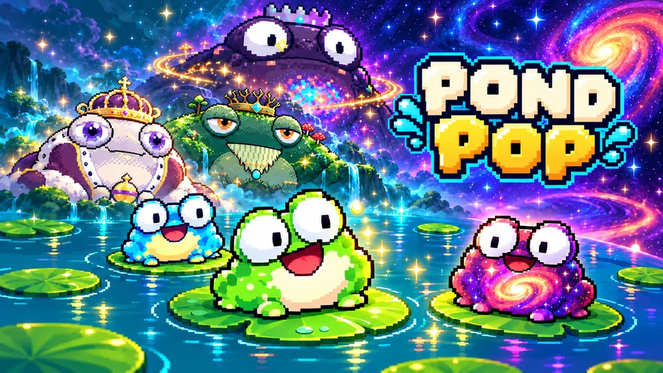 A pink pixel-art pond full of lily pads with frogs to merge